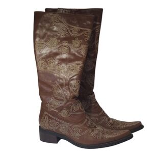 Chocolat Blu Tall Brown Western Boots With Tan Embroidery Design Size EU 39
